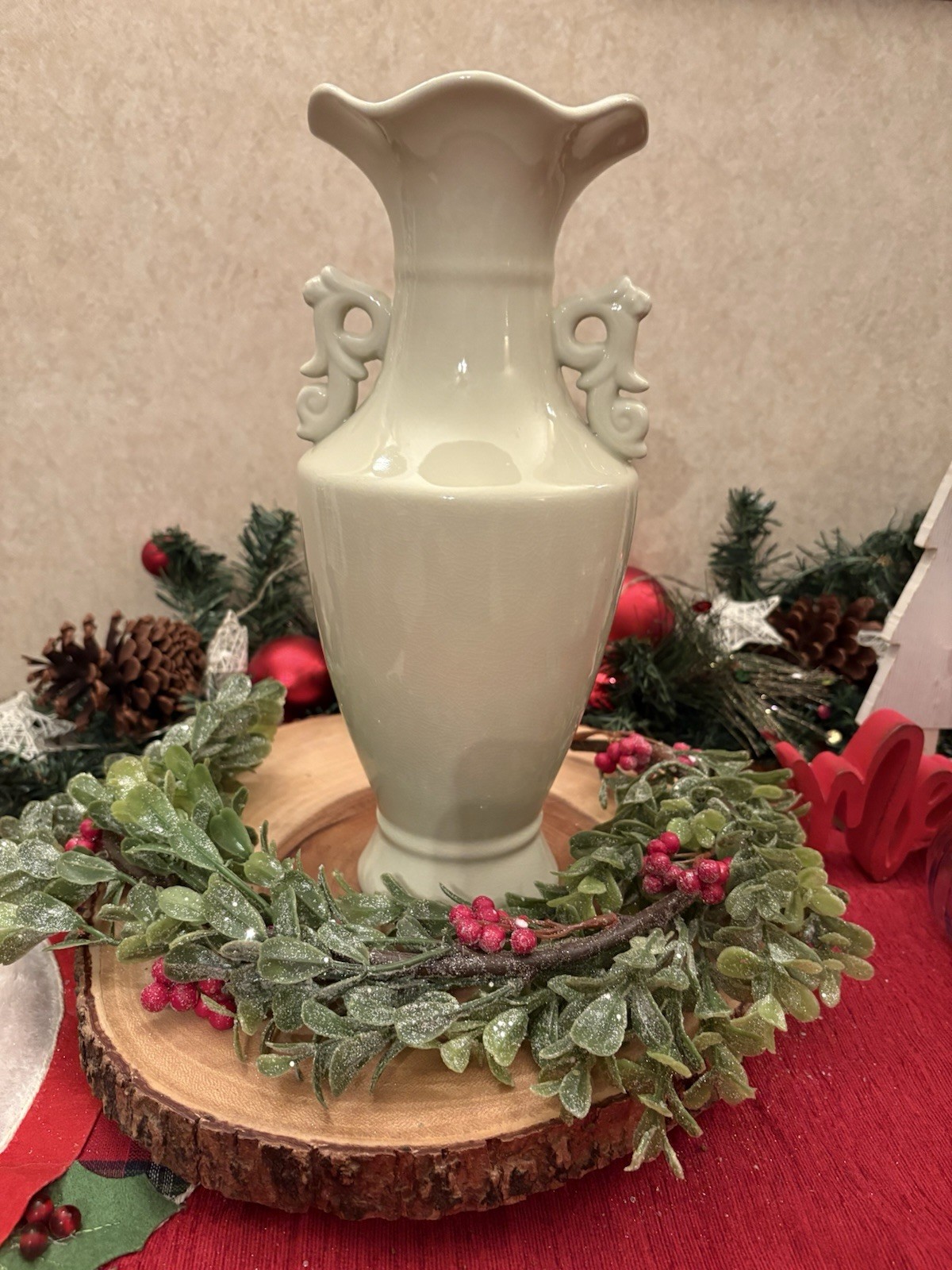 Chinese Off White Vase 12” Tall Double Fancy Dragon Handles- Crackling Glossy Chinese Off White Vase 12” Tall Double Fancy Dragon Handles- Crackling Glossy
