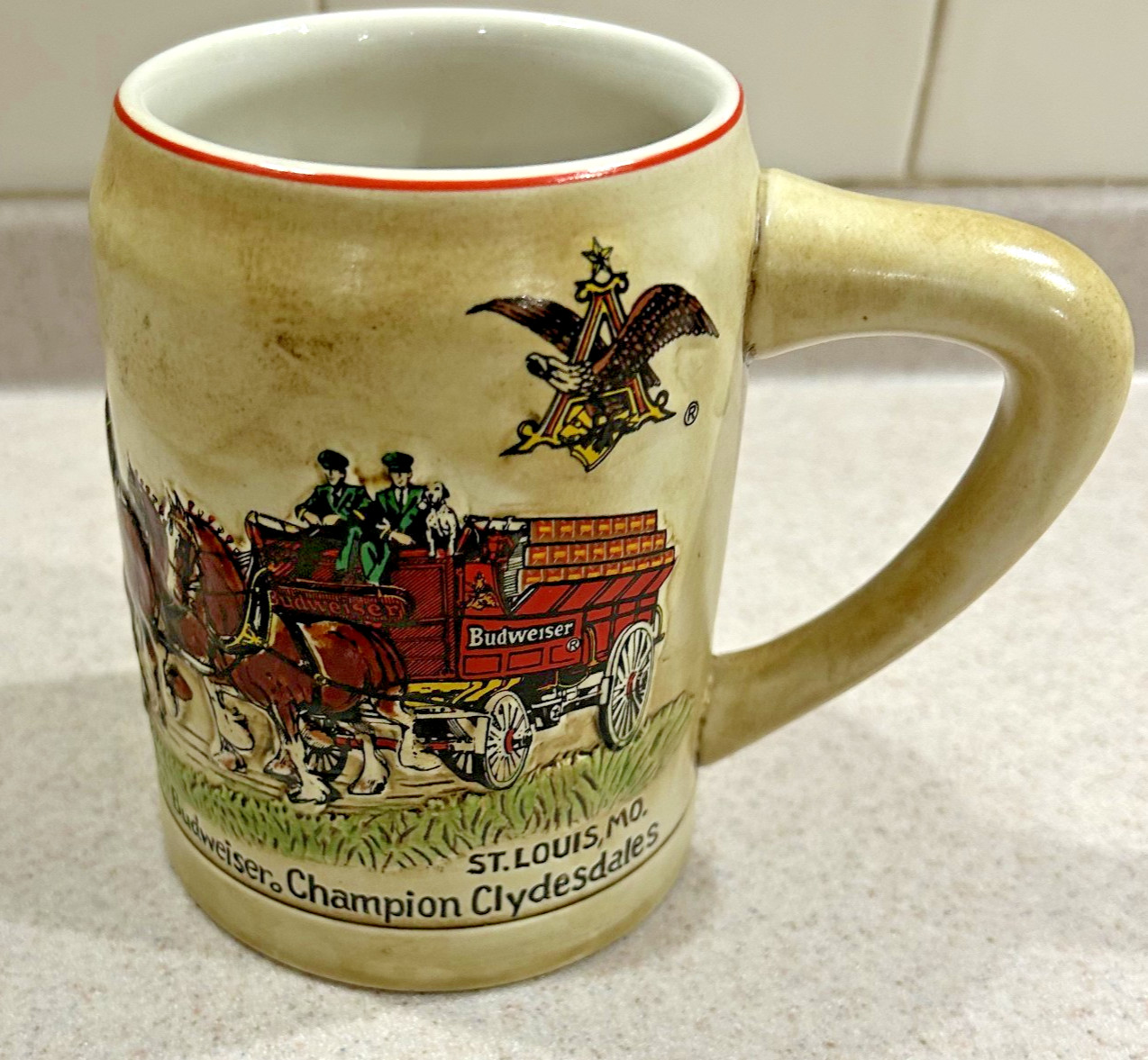 Vintage 1980 Budweiser Champion Clydesdales Holiday Ceramarte Mug Beer Stein #1 Vintage 1980 Budweiser Champion Clydesdales Holiday Ceramarte Mug Beer Stein #1