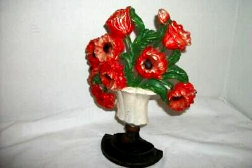 ANTIQUE COTTAGECORE  Iron Hubley Poppies Door Stop Urn Original Chippy #440