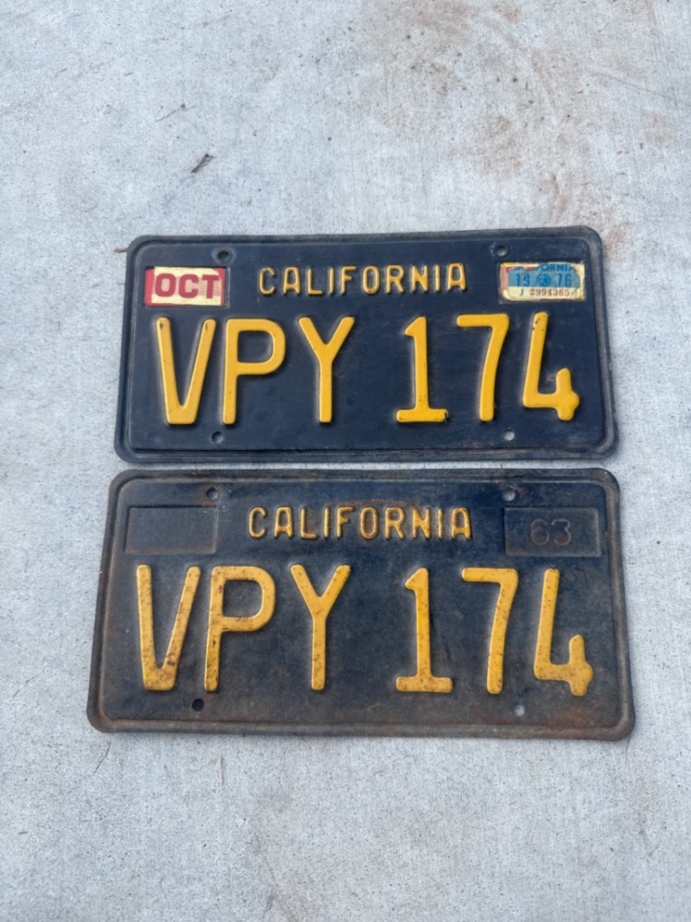 Original Matching Pair of 1963 California Black License Plates (VPY 174) Original Matching Pair of 1963 California Black License Plates (VPY 174)