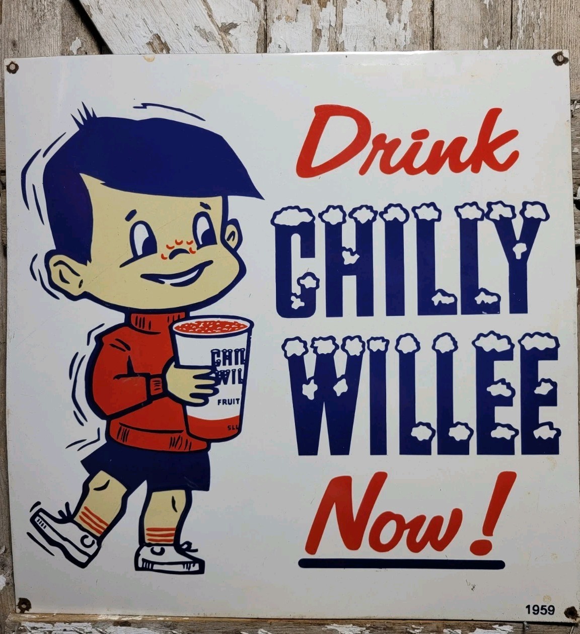 VINTAGE CHILLY WILLEE PORCELAIN SIGN 30" OLD 1959 ICE SLUSHIE DRINK BEVERAGE BOY VINTAGE CHILLY WILLEE PORCELAIN SIGN 30" OLD 1959 ICE SLUSHIE DRINK BEVERAGE BOY