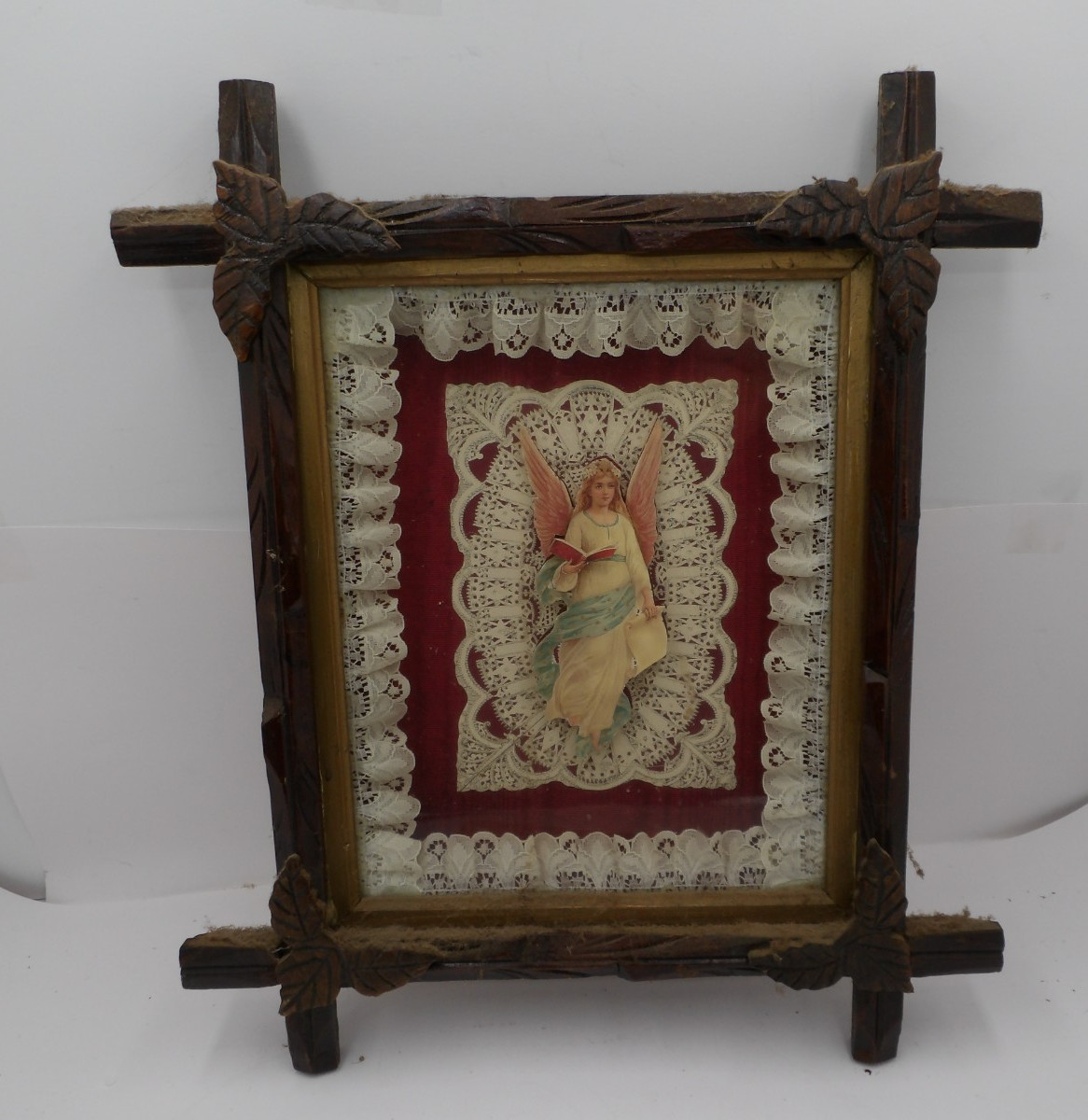 Vintage Victorian Framed Paper Lace Valentine Card 3D Angel Rustic Twig Frame Vintage Victorian Framed Paper Lace Valentine Card 3D Angel Rustic Twig Frame