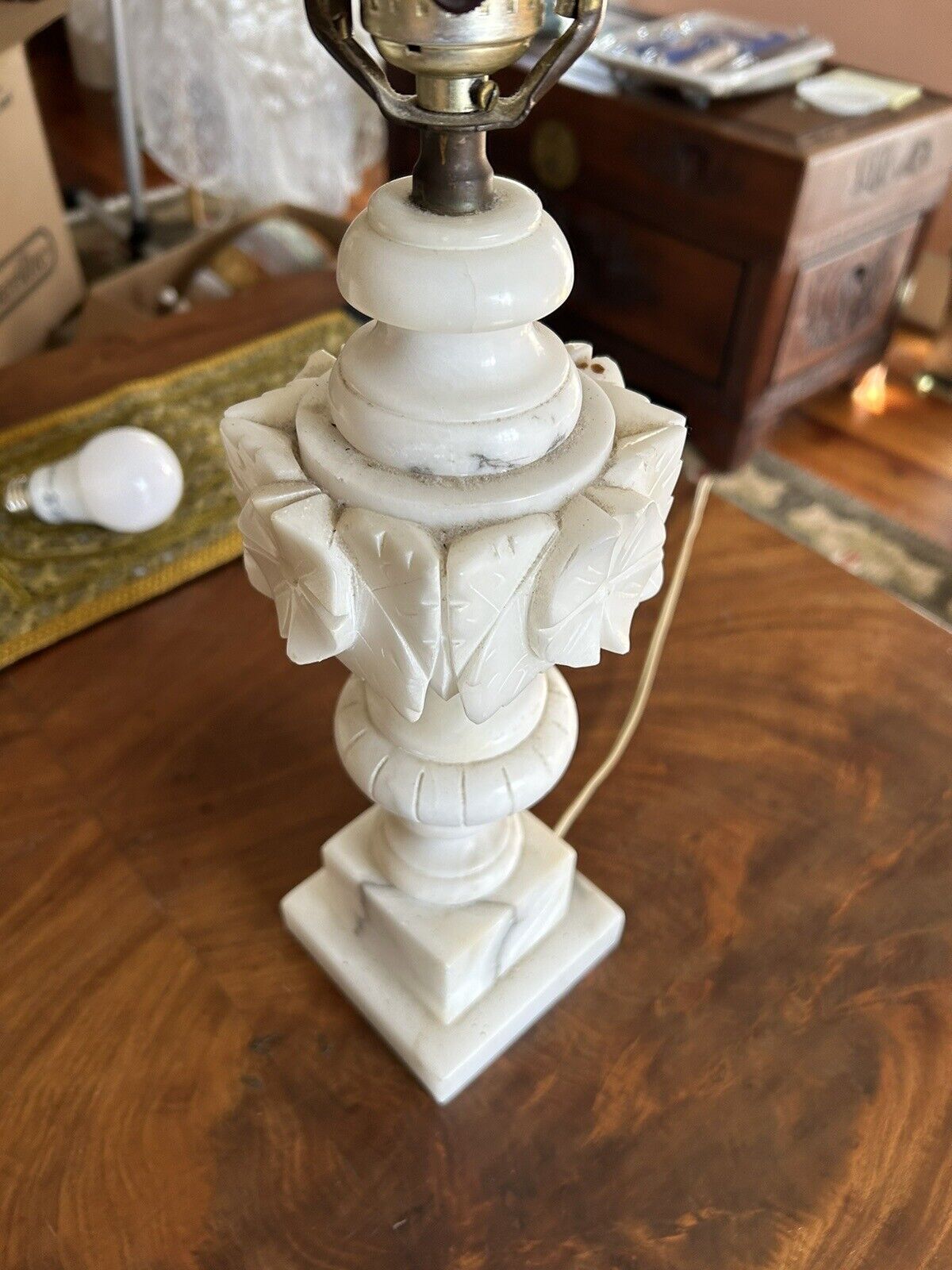 Old Antique Vtg Ca 1950s Hand Carved Alabaster Table Lamp Italy Layered Petals