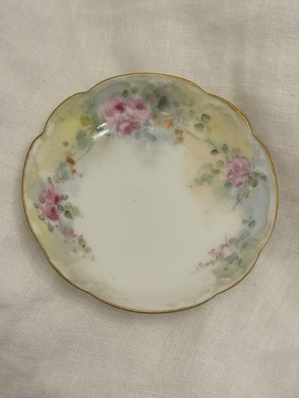 Antique Haviland Limoges France Butter Pat Hand Painted Pink Roses Gold Gilt 3"