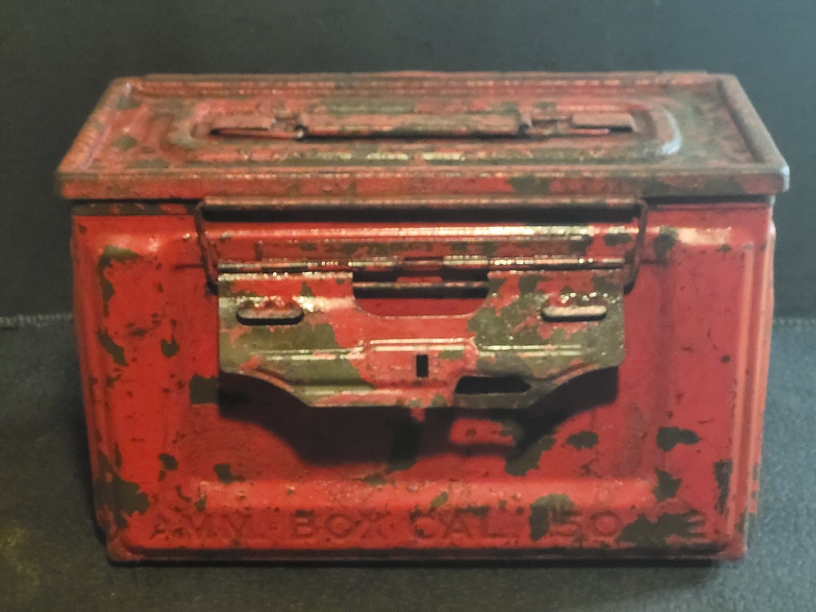 Vintage Red 1940's Belmont WWII .50 Cal M2 Metal Flaming Bomb Ammo Box Vintage Red 1940's Belmont WWII .50 Cal M2 Metal Flaming Bomb Ammo Box