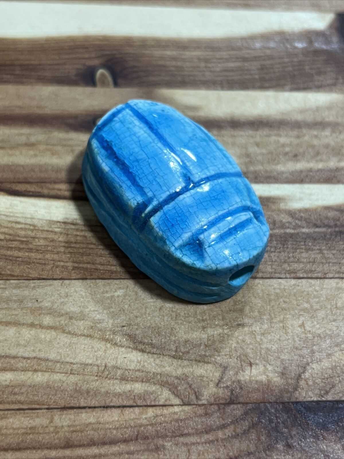 Large Vintage Antique Egyptian Carved Faience Scarab Blue  Beetle Focal Bead