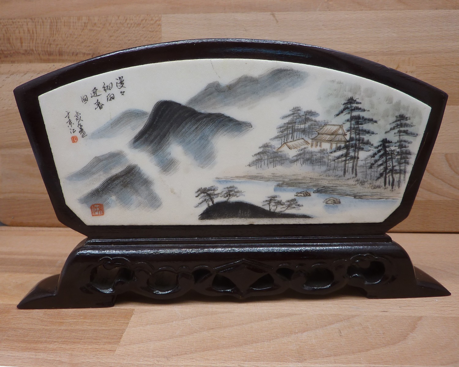 Vintage Chinese Hand-Painted Fan-Shaped Marble Table Screen on Carved Wood Stand Vintage Chinese Hand-Painted Fan-Shaped Marble Table Screen on Carved Wood Stand
