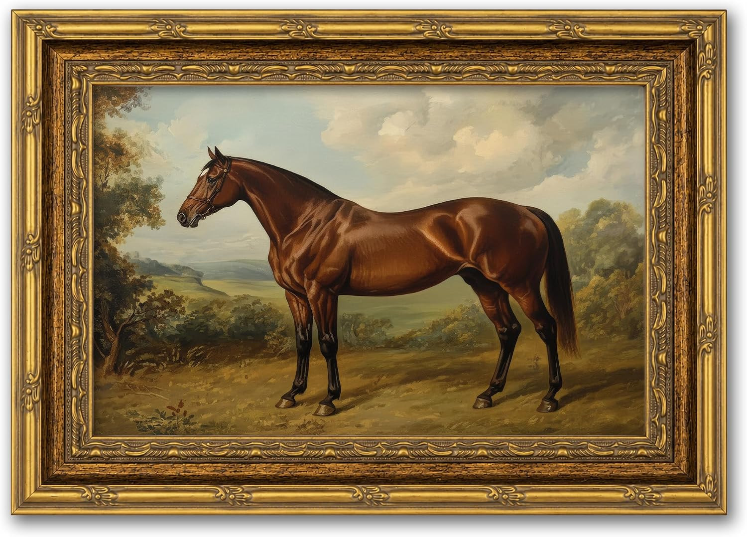 Vintage Gold Frame Horse Wall Art Classical Photo Frame Brown Horse Canvas Pain
