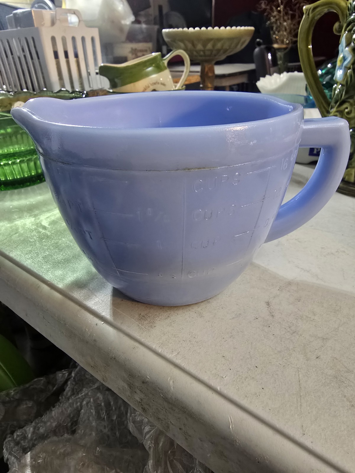 Vintage MaKee 2 Cup Measuring Picture In Delphite Blue Glass Vintage MaKee 2 Cup Measuring Picture In Delphite Blue Glass