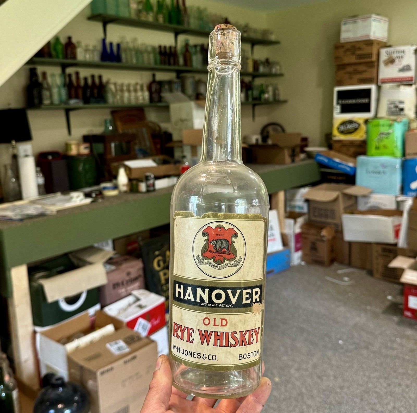 Hanover Old Rye Whiskey W H Jones Boston MA Labeled Blown Pre-Pro Bottle Scarce