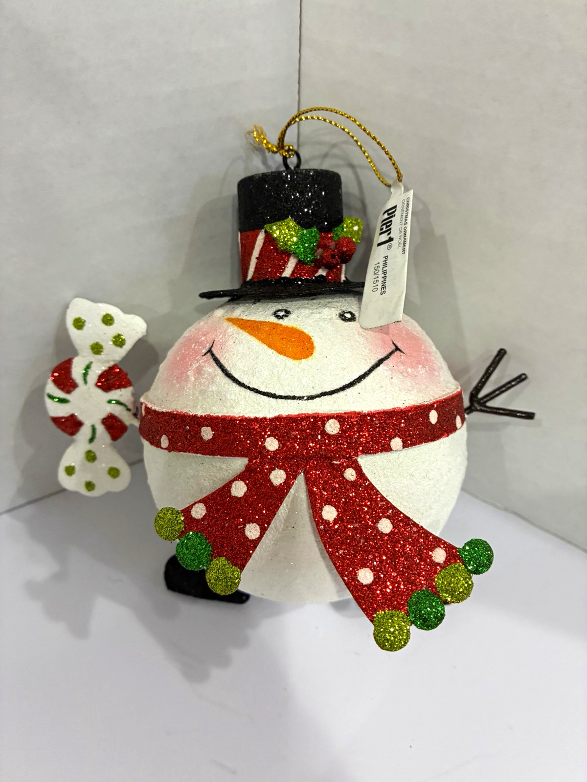 Pier 1 Snowman 5” Christmas Glitter Hanging Polka Dot Scarf Ornament - New w Tag