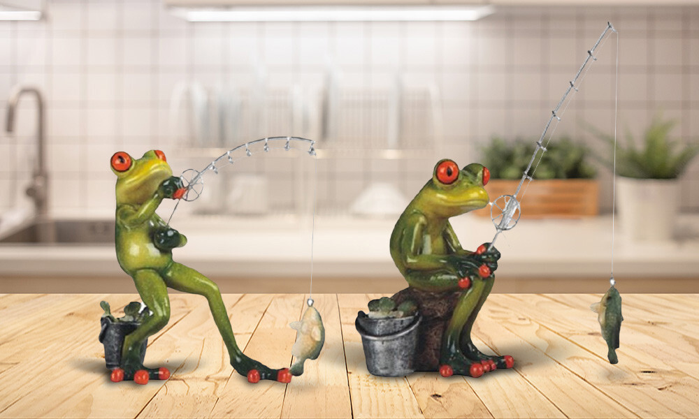 2-PC Fishing Frog 6"H Figurine Ornament Home Decor Unique Gift 2-PC Fishing Frog 6"H Figurine Ornament Home Decor Unique Gift