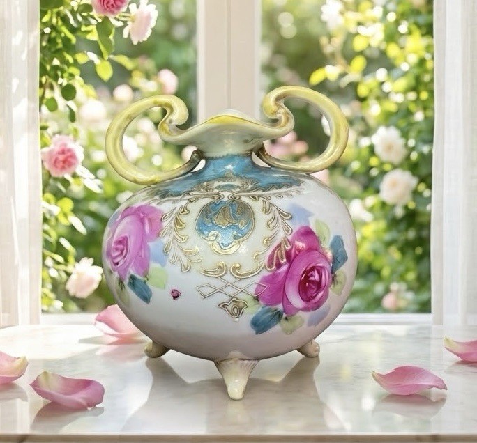 Antique Nippon Style Footed Porcelain Vase Hand Painted Pink Roses Moriage AS IS