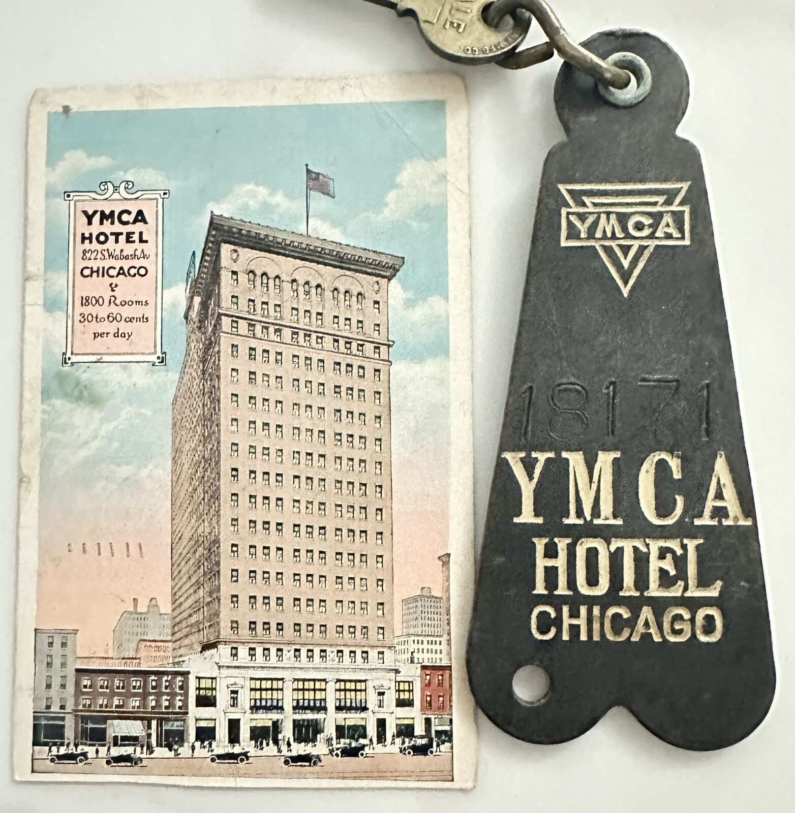 1930’s YMCA Hotel S. Wabash Ave. Chicago, IL Hotel Room Key #18171 & Postcard 1930’s YMCA Hotel S. Wabash Ave. Chicago, IL Hotel Room Key #18171 & Postcard