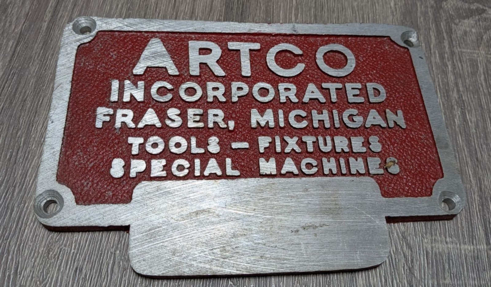 Vintage ARTCO Fraser Michigan Industrial Machine Plate Sign Tools Fixtures Vintage ARTCO Fraser Michigan Industrial Machine Plate Sign Tools Fixtures
