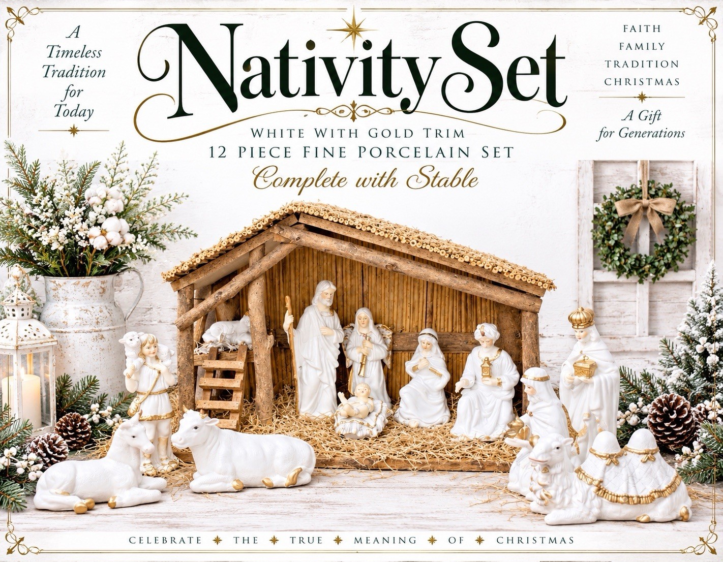 VTG (12) Piece Fine Porcelain Nativity Set White W/ Gold Trim & W/ Large Stable VTG (12) Piece Fine Porcelain Nativity Set White W/ Gold Trim & W/ Large Stable
