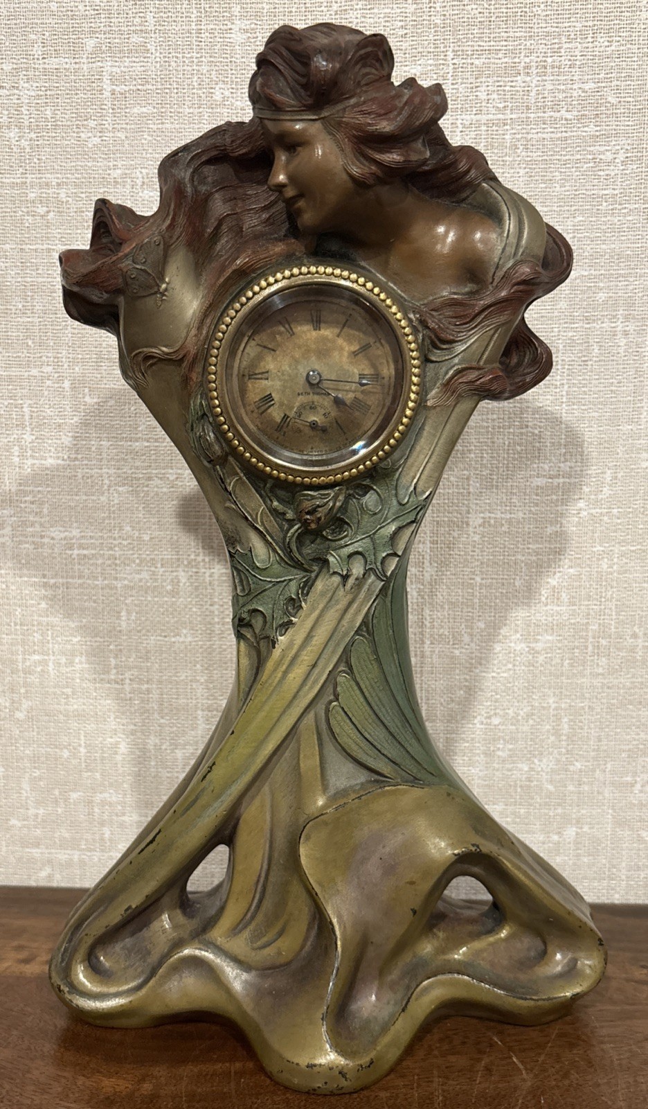 12.5" Original Art Nouveau Figural 1889 Cold Painted Bronze Clock By Seth Thomas 12.5" Original Art Nouveau Figural 1889 Cold Painted Bronze Clock By Seth Thomas