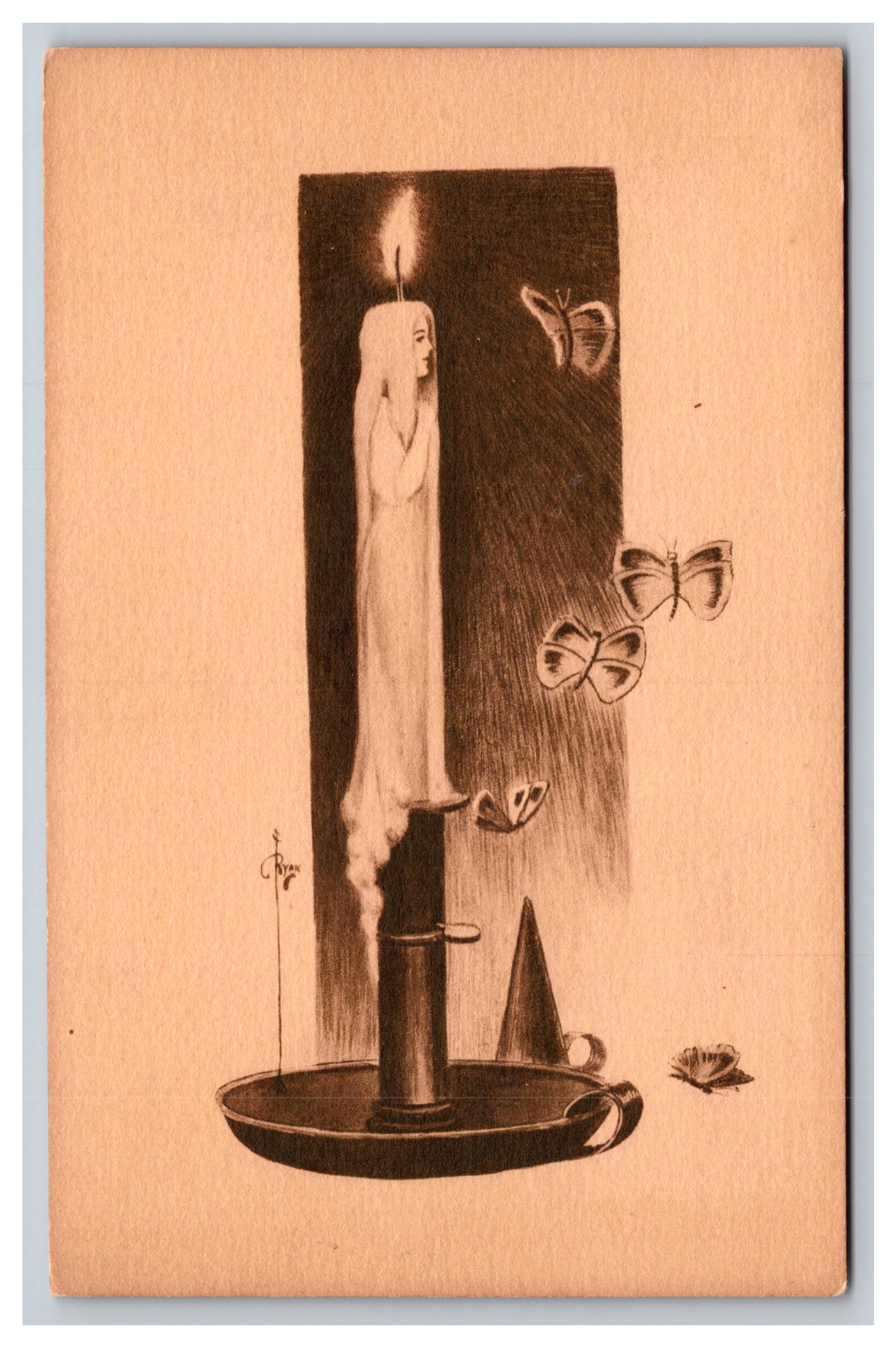 Artist Signed Ryan Postcard Woman Candle Butterfly Fantasy