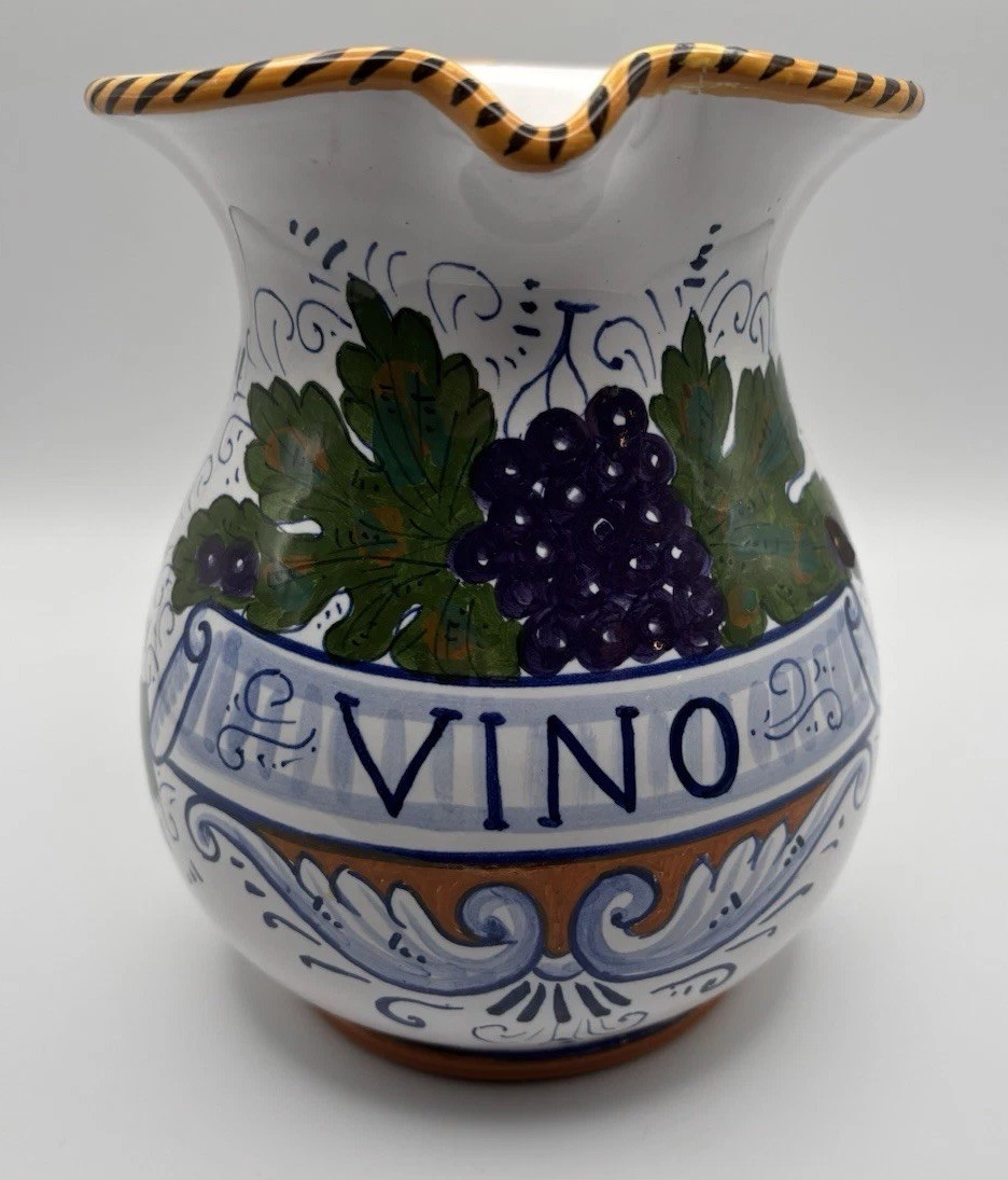San Gimignano Painted Ceramic Vino Pitcher w/ Handle, Grapes Pattern