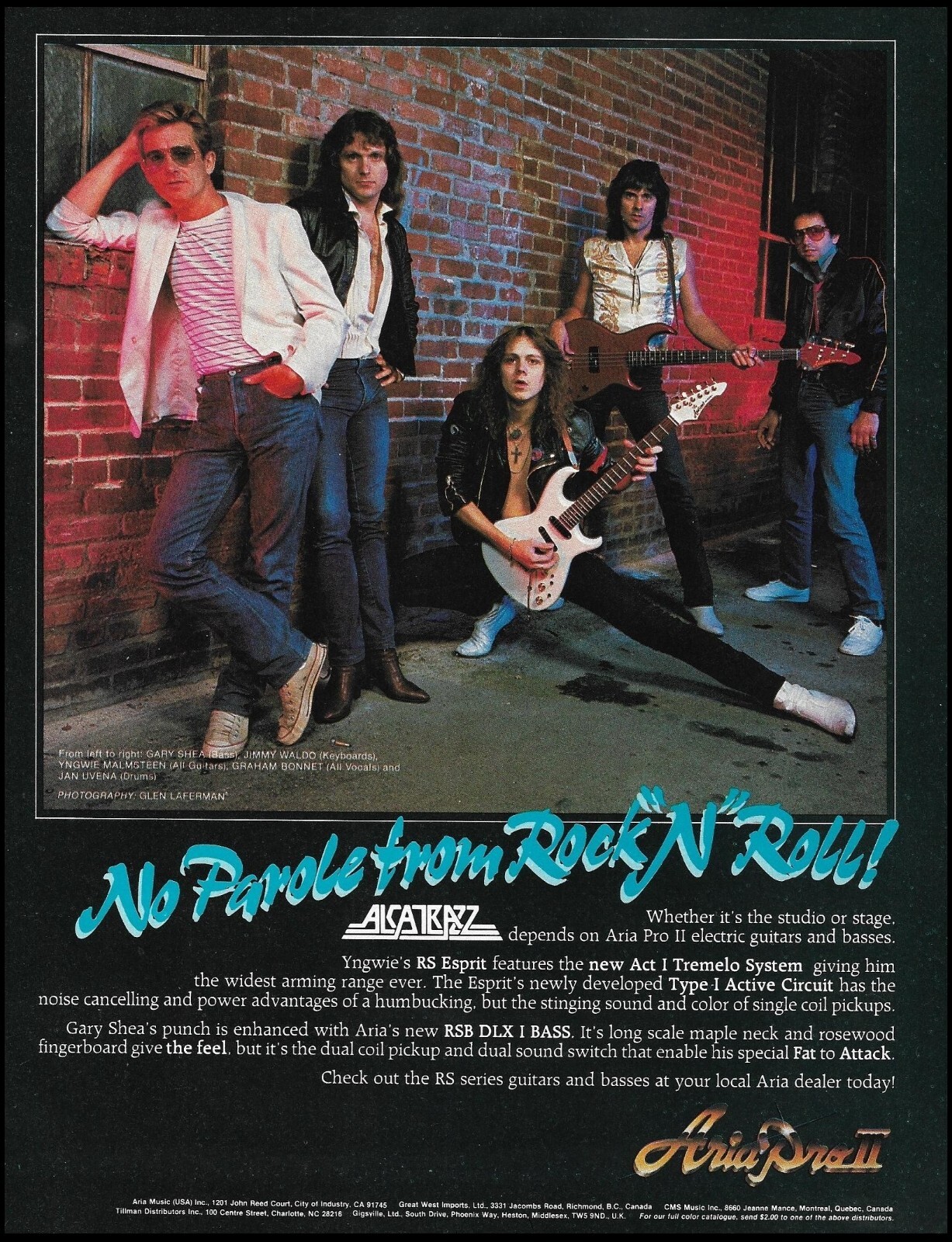 Alcatrazz (band) Yngwie Malmstee Gary Shea 1984 Aria Pro II guitar ad print Alcatrazz (band) Yngwie Malmstee Gary Shea 1984 Aria Pro II guitar ad print