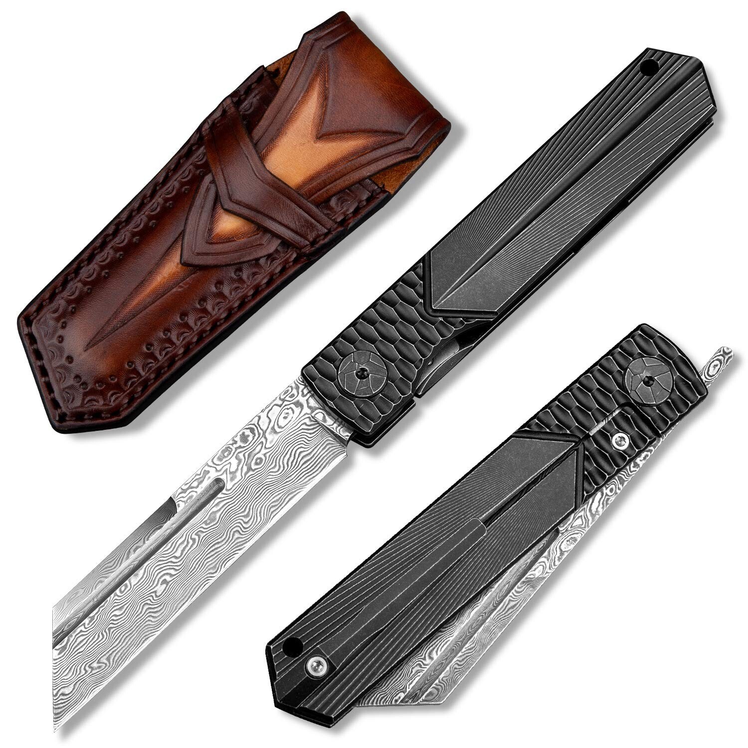 japanese higonokami folding pocket knife with leather sheath,3.3in damascus s...