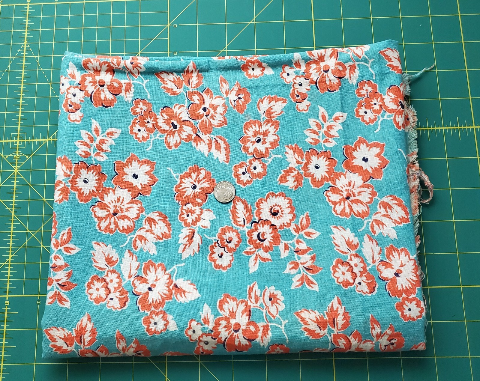 1 Yard & 7" Of Feedsack Fabric 35 1/2" Red And White Flowers On Teal