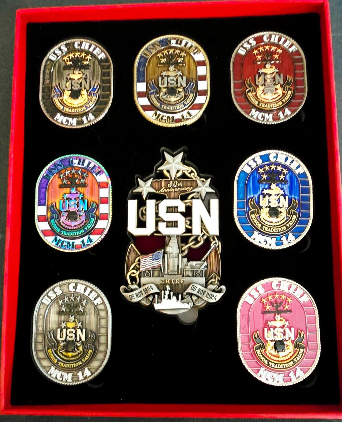 Amazing 8pc Set LE 3" Navy USN Chiefs Mess CPO Challenge Coin USS Chief (MCM-14) Amazing 8pc Set LE 3" Navy USN Chiefs Mess CPO Challenge Coin USS Chief (MCM-14)