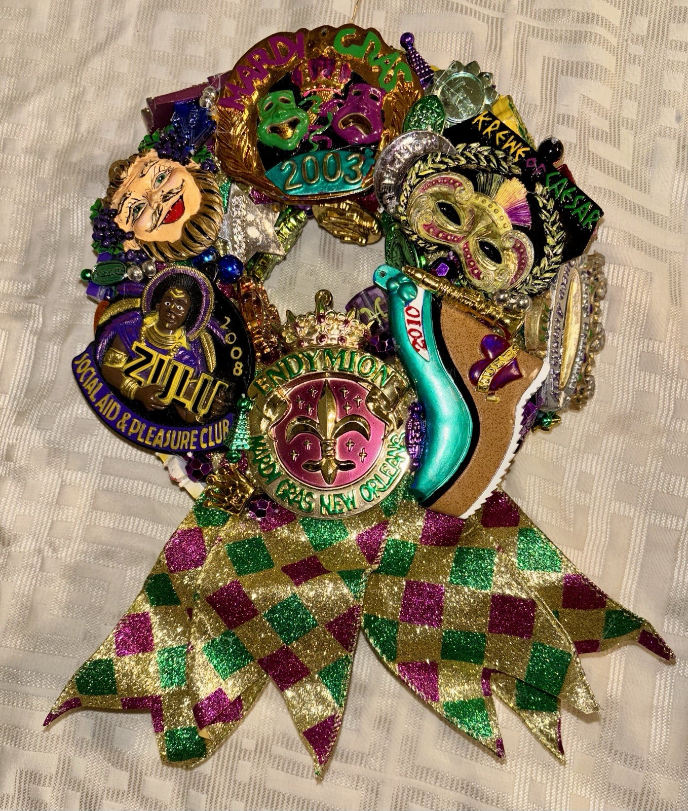 Handcrafted OOAK Mardi Gras Wreath Authentic Krewe Medallions Collectible 3 Handcrafted OOAK Mardi Gras Wreath Authentic Krewe Medallions Collectible 3