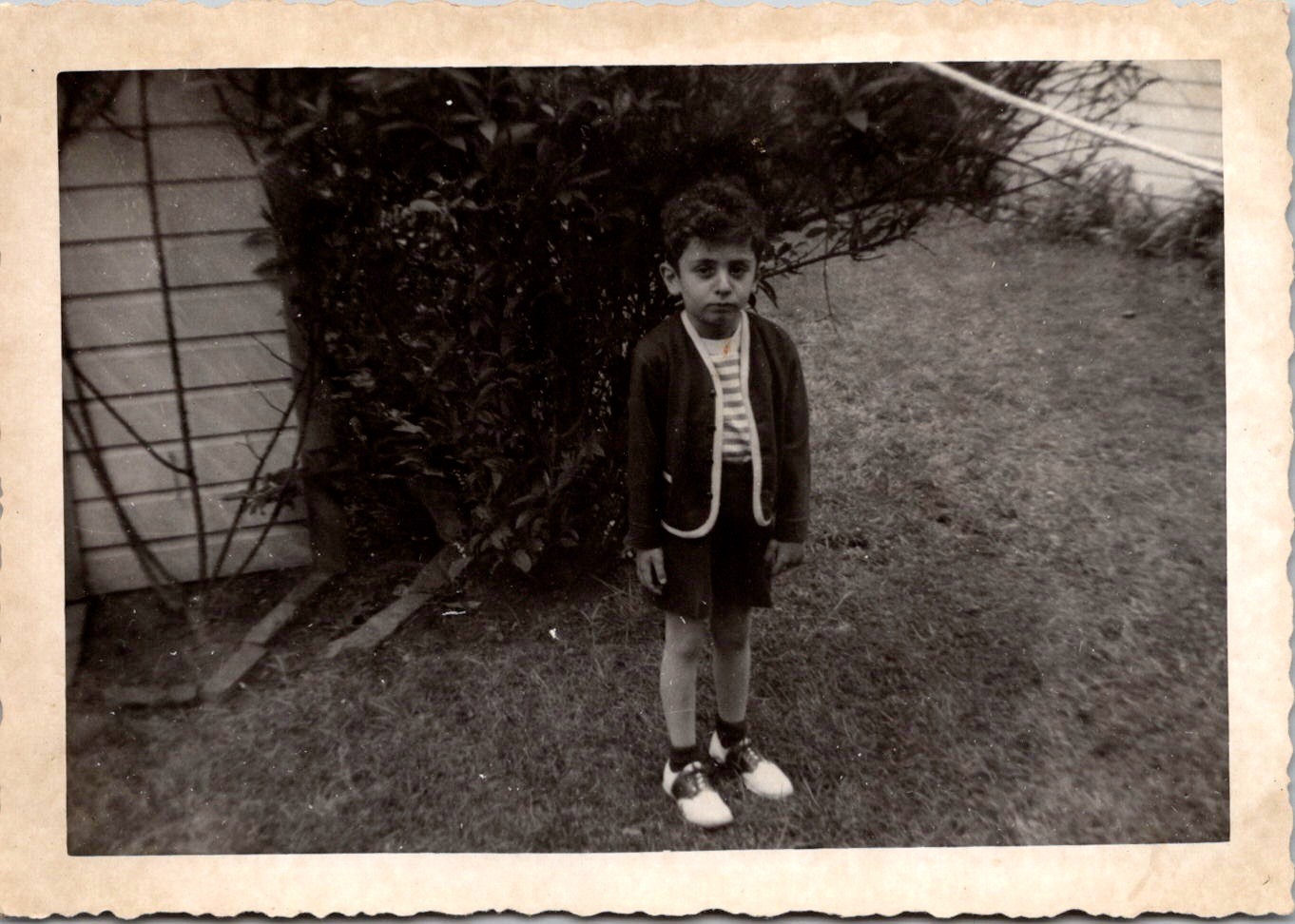 Serious Young Boy in Cardigan & Saddle Shoes, May 1950 Vintage Snapshot Photo Serious Young Boy in Cardigan & Saddle Shoes, May 1950 Vintage Snapshot Photo