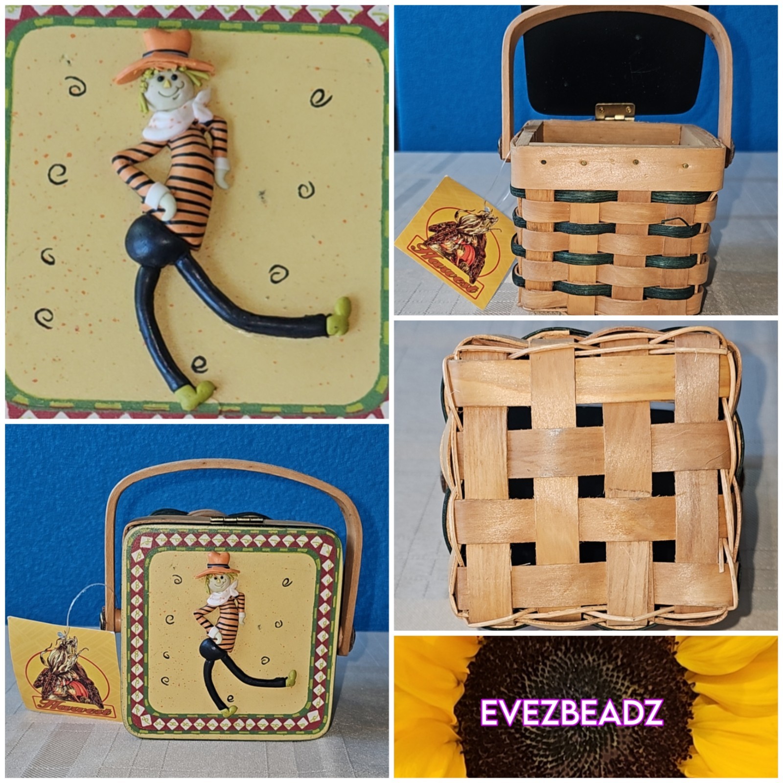 EvezBeadz Woven Wood Splint Purse Basket Harvest Scarecrow Flip Lid VNWT 1991 EvezBeadz Woven Wood Splint Purse Basket Harvest Scarecrow Flip Lid VNWT 1991