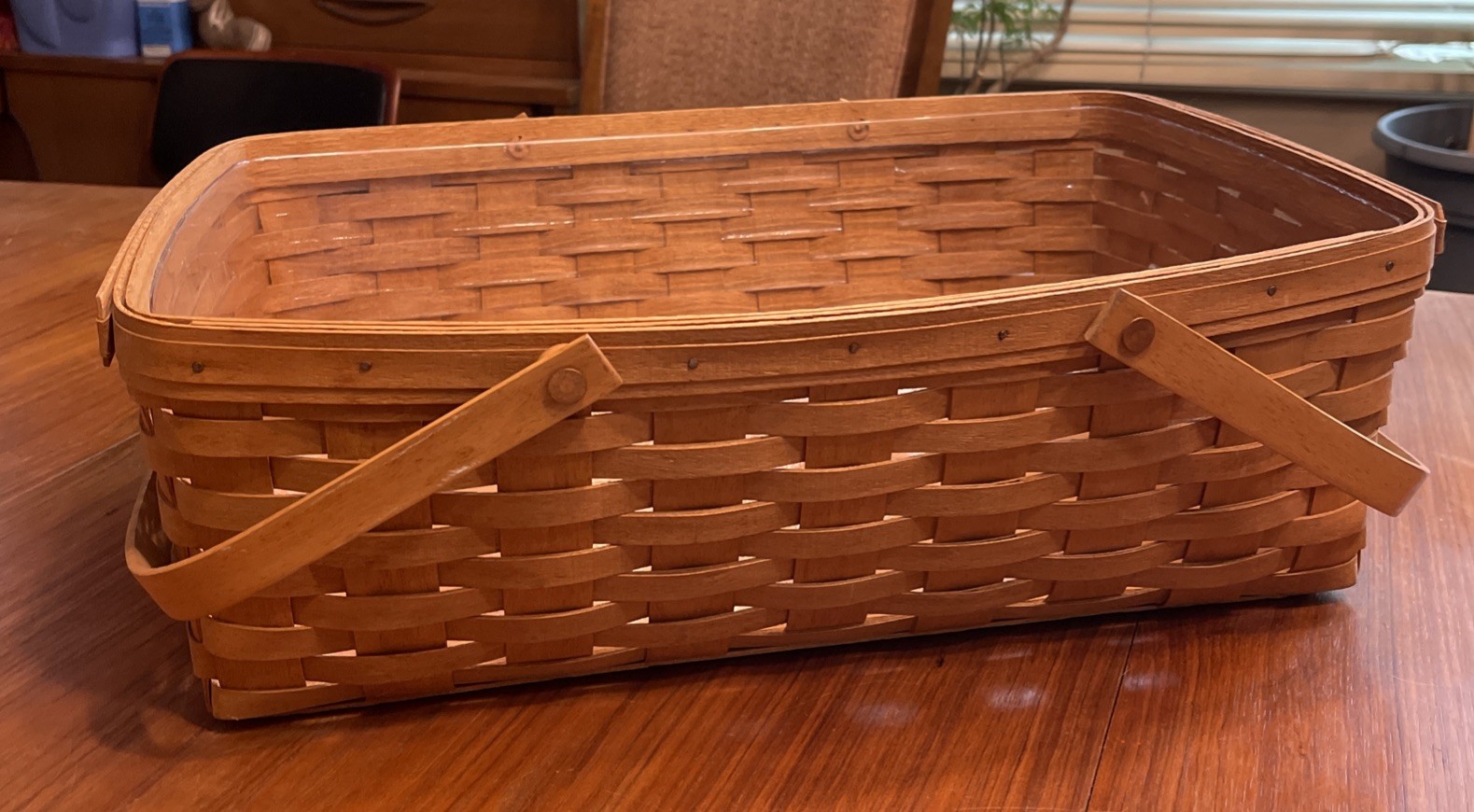 Vintage Longaberger 1992 Gathering Basket Folding Handles, Protective Liner Vintage Longaberger 1992 Gathering Basket Folding Handles, Protective Liner