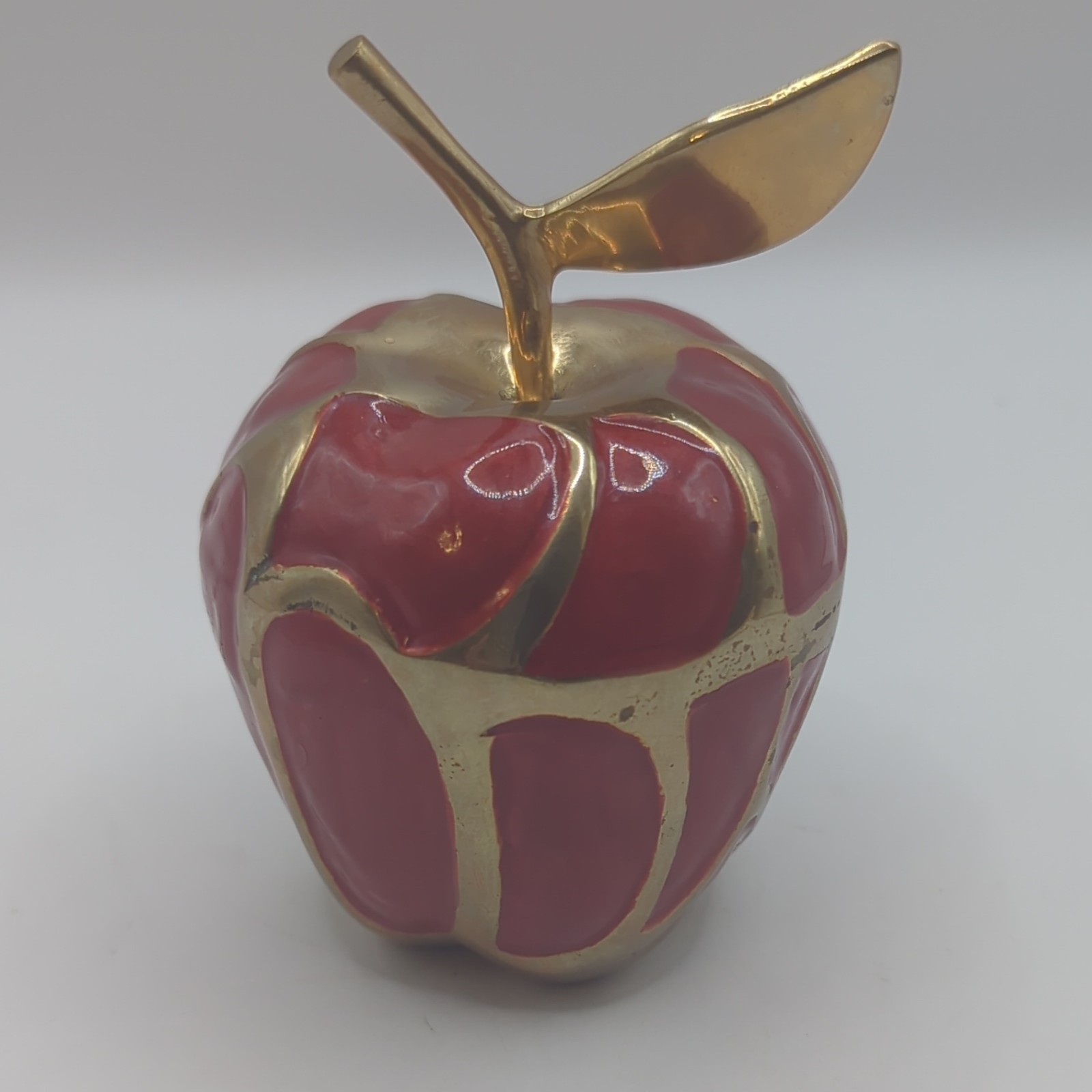 Vintage red enameled brass apple paperweight with a polished gold-tone stem&leaf Vintage red enameled brass apple paperweight with a polished gold-tone stem&leaf