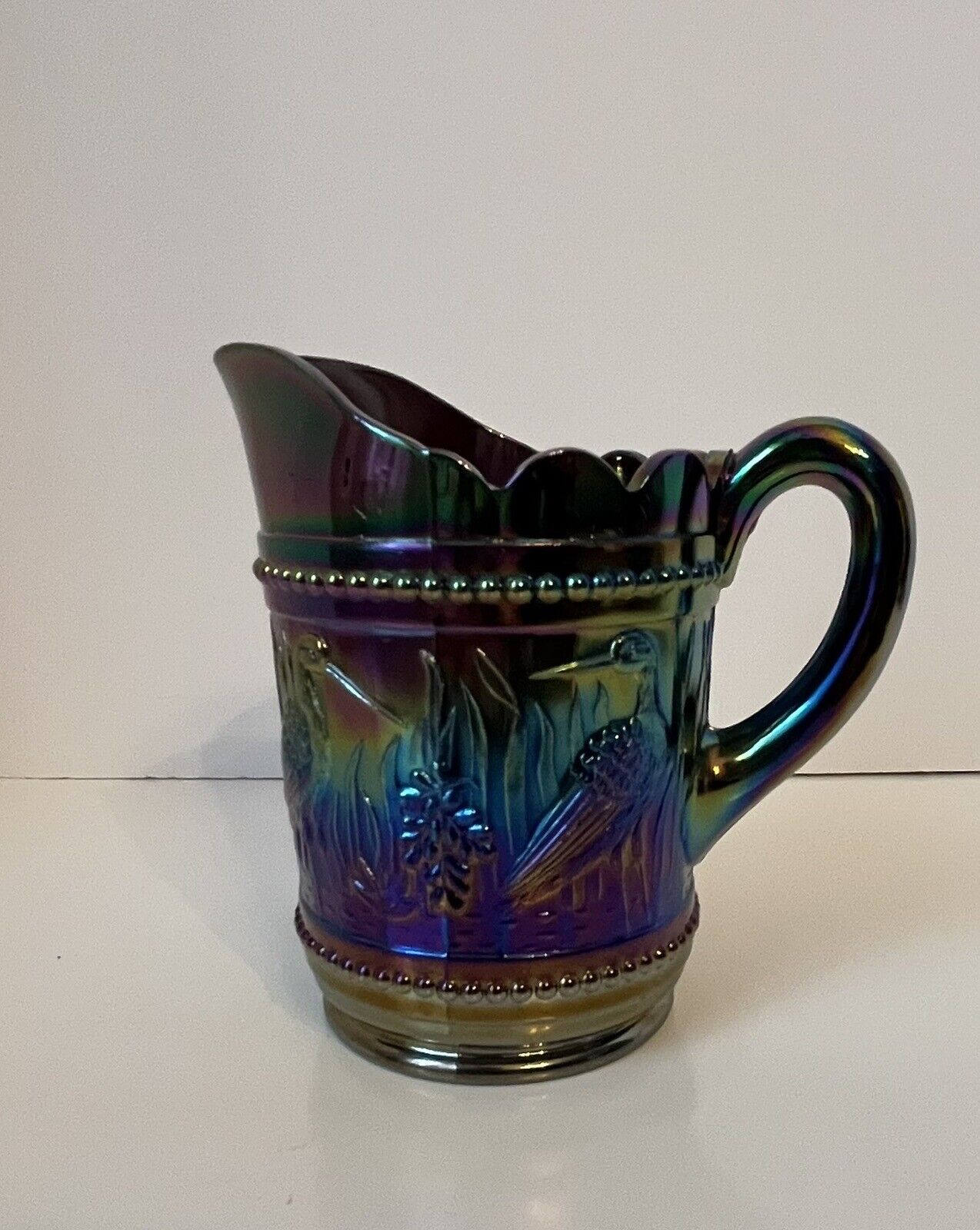 LG Wright “Stork in the Rushes” Carnival Glass Pitcher