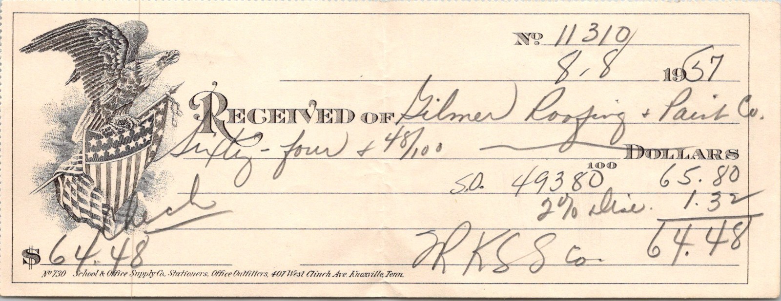 Gilmer Roofing & Paint Co 8-8-1957 Check Antique Letterhead Billhead 5A27 Gilmer Roofing & Paint Co 8-8-1957 Check Antique Letterhead Billhead 5A27