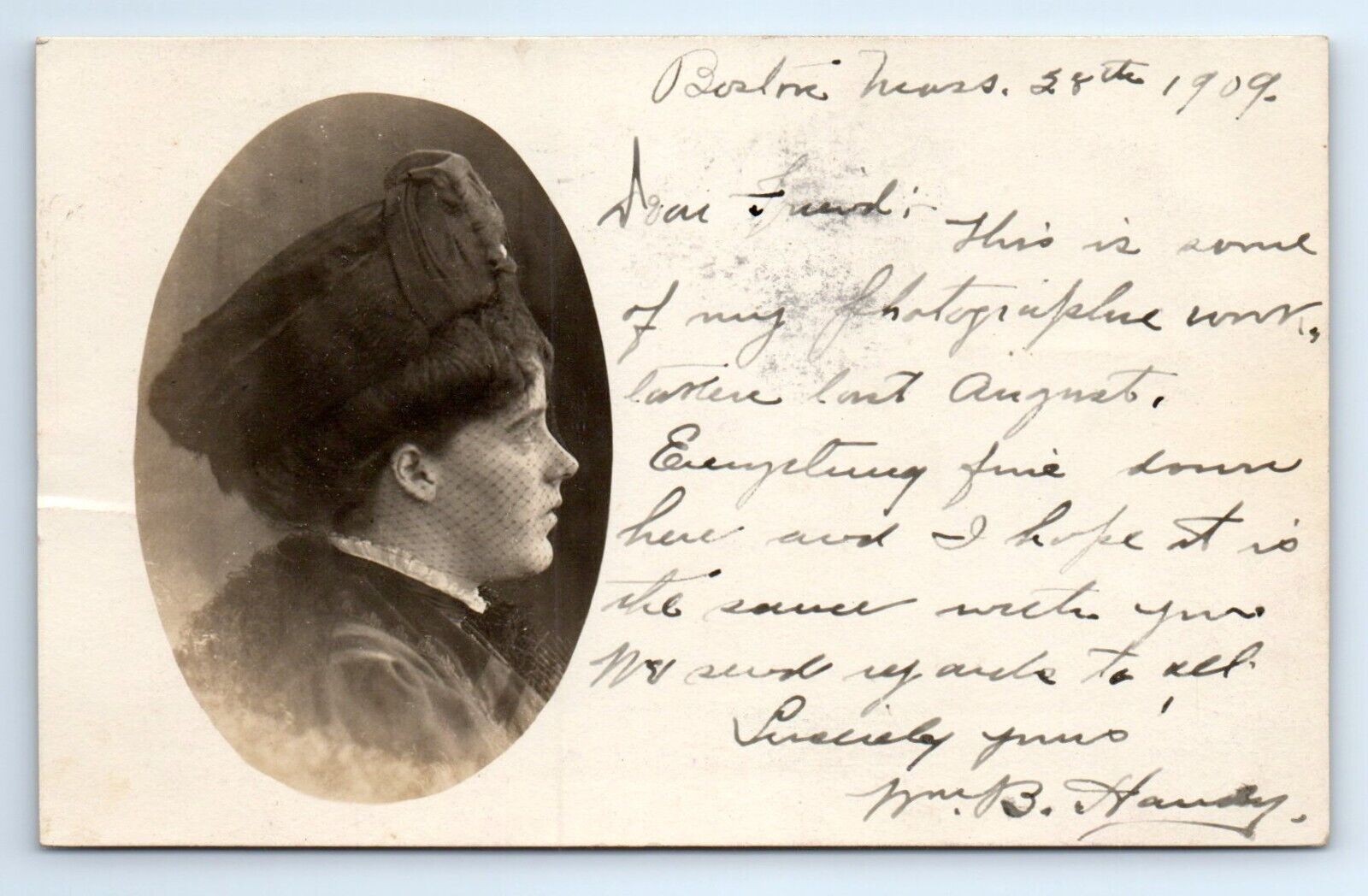 RPPC Edwardian Woman Pretty Profile Portrait Postcard Mrs. B. Handy Boston 1909