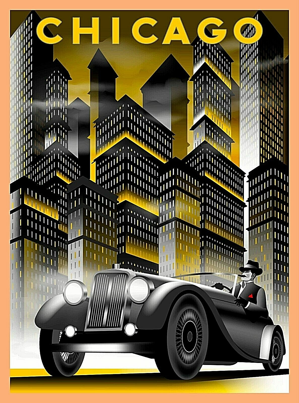 Chicago Illinois Car & Buildings Retro Travel Art Deco Poster Print Chicago Illinois Car & Buildings Retro Travel Art Deco Poster Print