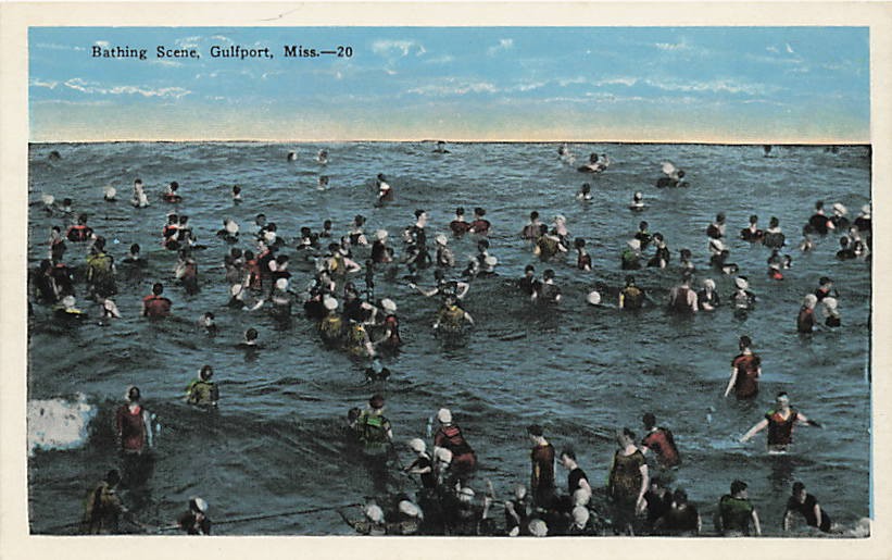 Postcard MS: Bathing Scene Along the Coast, Gulfport, Mississippi WB 1920's Postcard MS: Bathing Scene Along the Coast, Gulfport, Mississippi WB 1920's