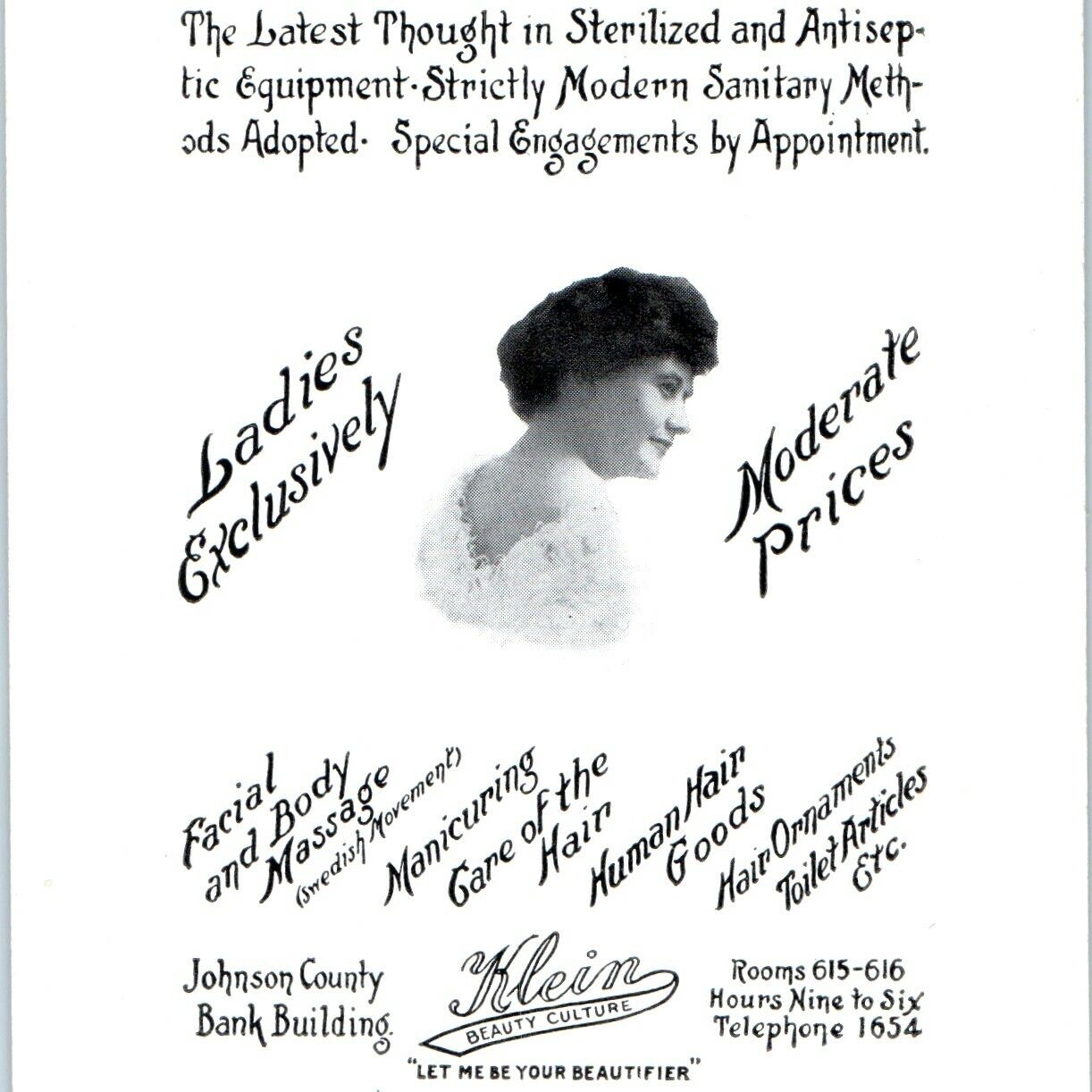 c1910s Iowa City, IA Klein Beauty Culture Advertising Card Ladies Massage Vtg 5G
