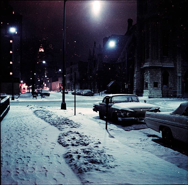 Night View Of Michigan Avenue During A Snowstorm Chicago Illinois - Old Photo Night View Of Michigan Avenue During A Snowstorm Chicago Illinois - Old Photo