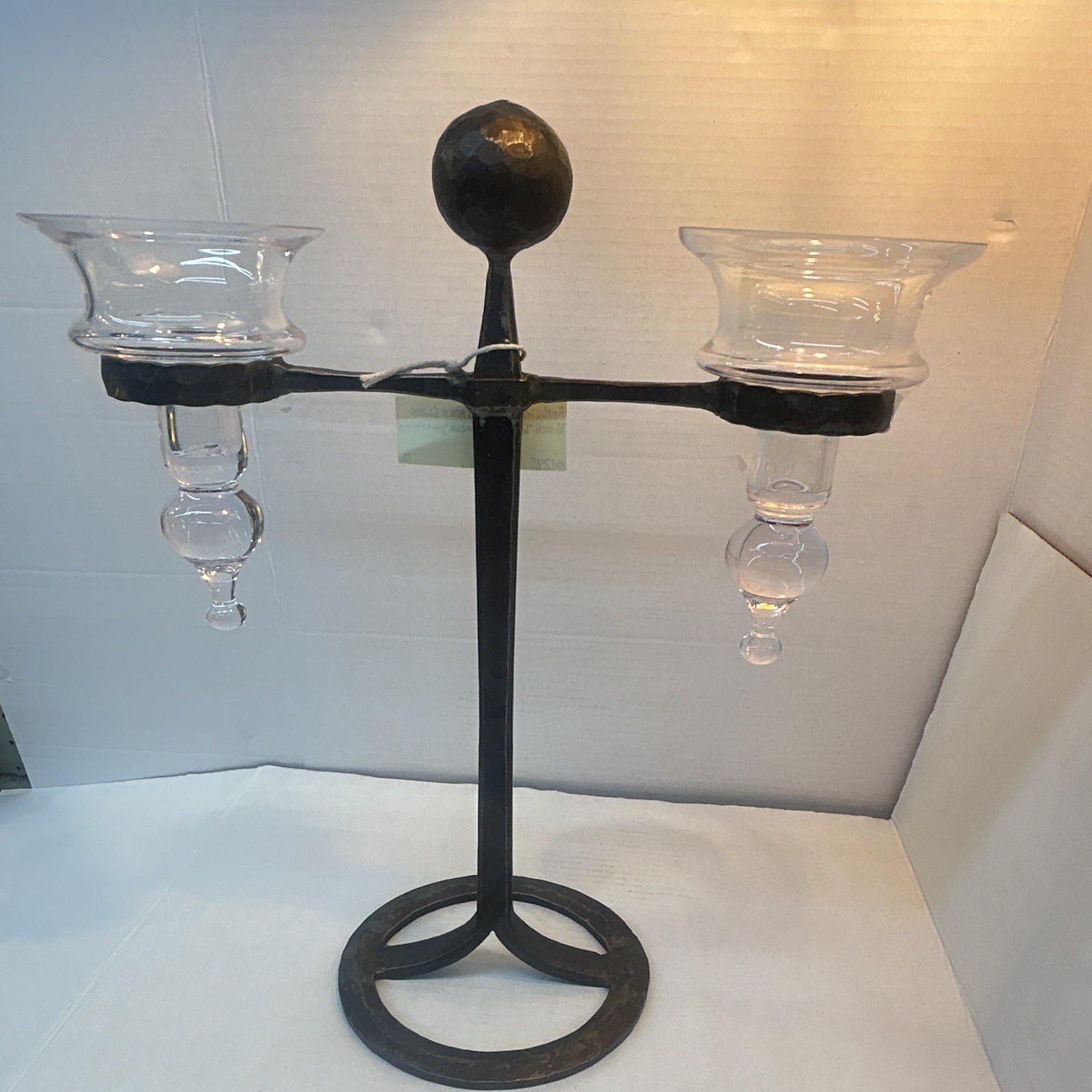 VTG 1960-70’s Brutalist Wrought Iron & Glass  16” Tall Candelabra. Flea Bite