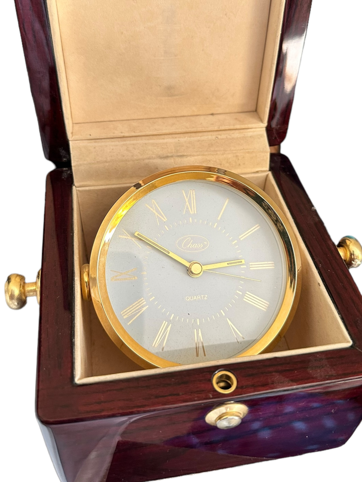 Vintage Chass Quartz Clock Mahogany Red Wood Brass Accents Captain\'s Clock