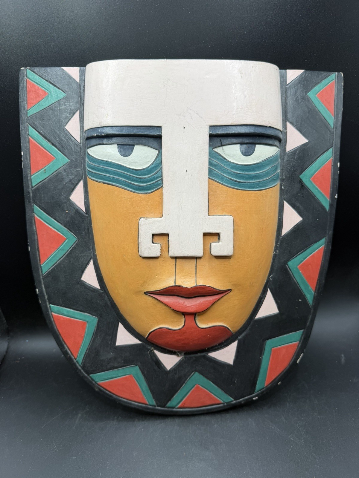 Vintage Hand Carved Painted Wood Wall Mask Geometric Mayan Inca Folk Art 12" Vintage Hand Carved Painted Wood Wall Mask Geometric Mayan Inca Folk Art 12"