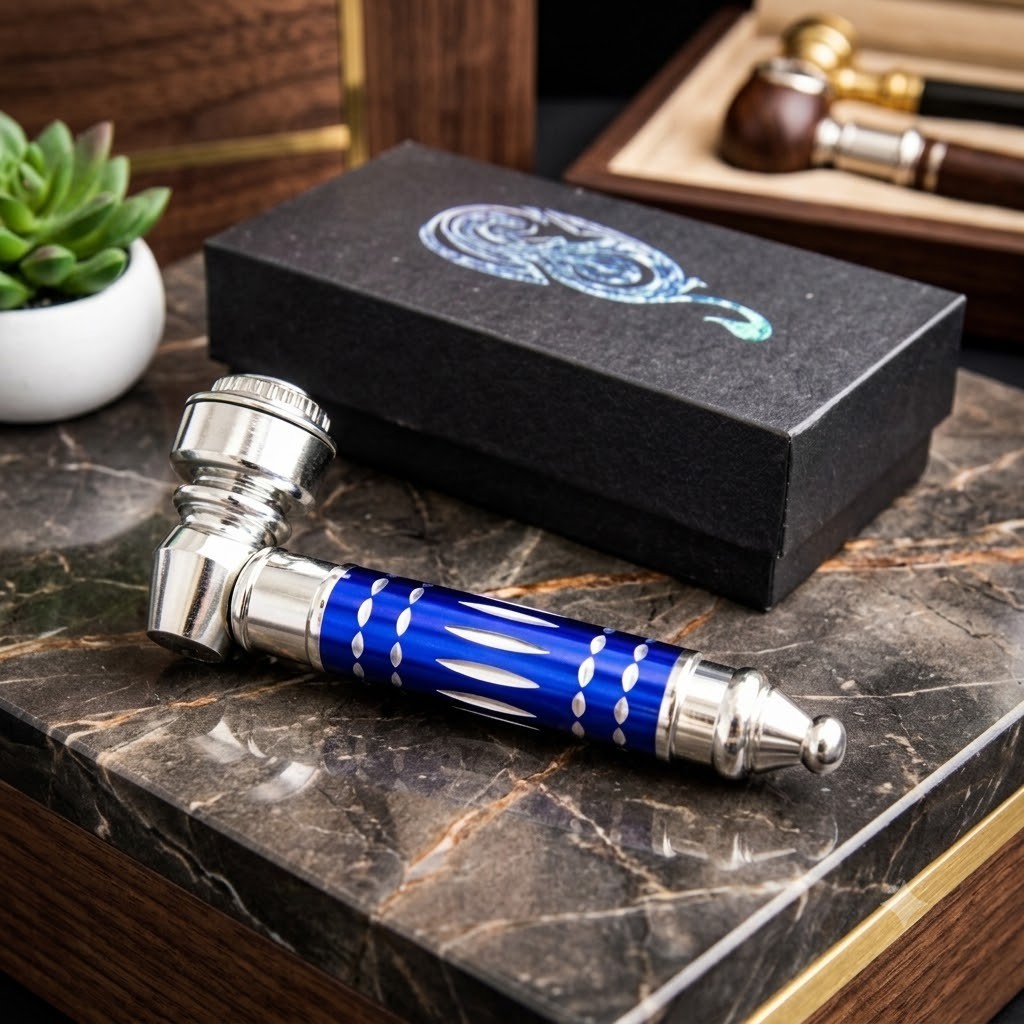 Metal Smoking Pipe w/Lid All Metal Tobacco Pipe Durable Blue Finish Gift Box Metal Smoking Pipe w/Lid All Metal Tobacco Pipe Durable Blue Finish Gift Box