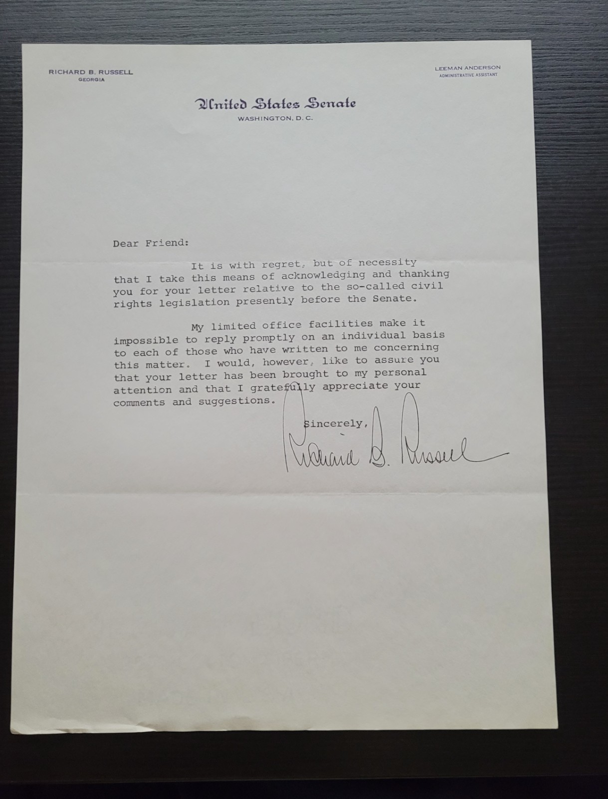 1960 Richard Russell Signed Letter - Civil Rights Legislation senator racist 1960 Richard Russell Signed Letter - Civil Rights Legislation senator racist