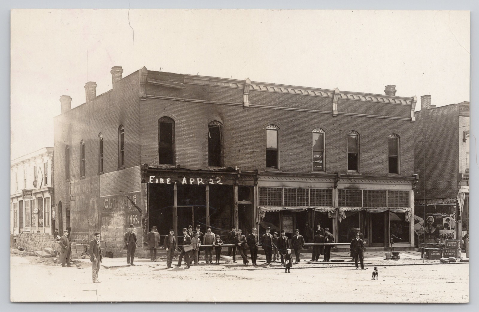 Real Photo Postcard c1913 Fire Building Advertising Akron Baking Co Crate RPPC Real Photo Postcard c1913 Fire Building Advertising Akron Baking Co Crate RPPC