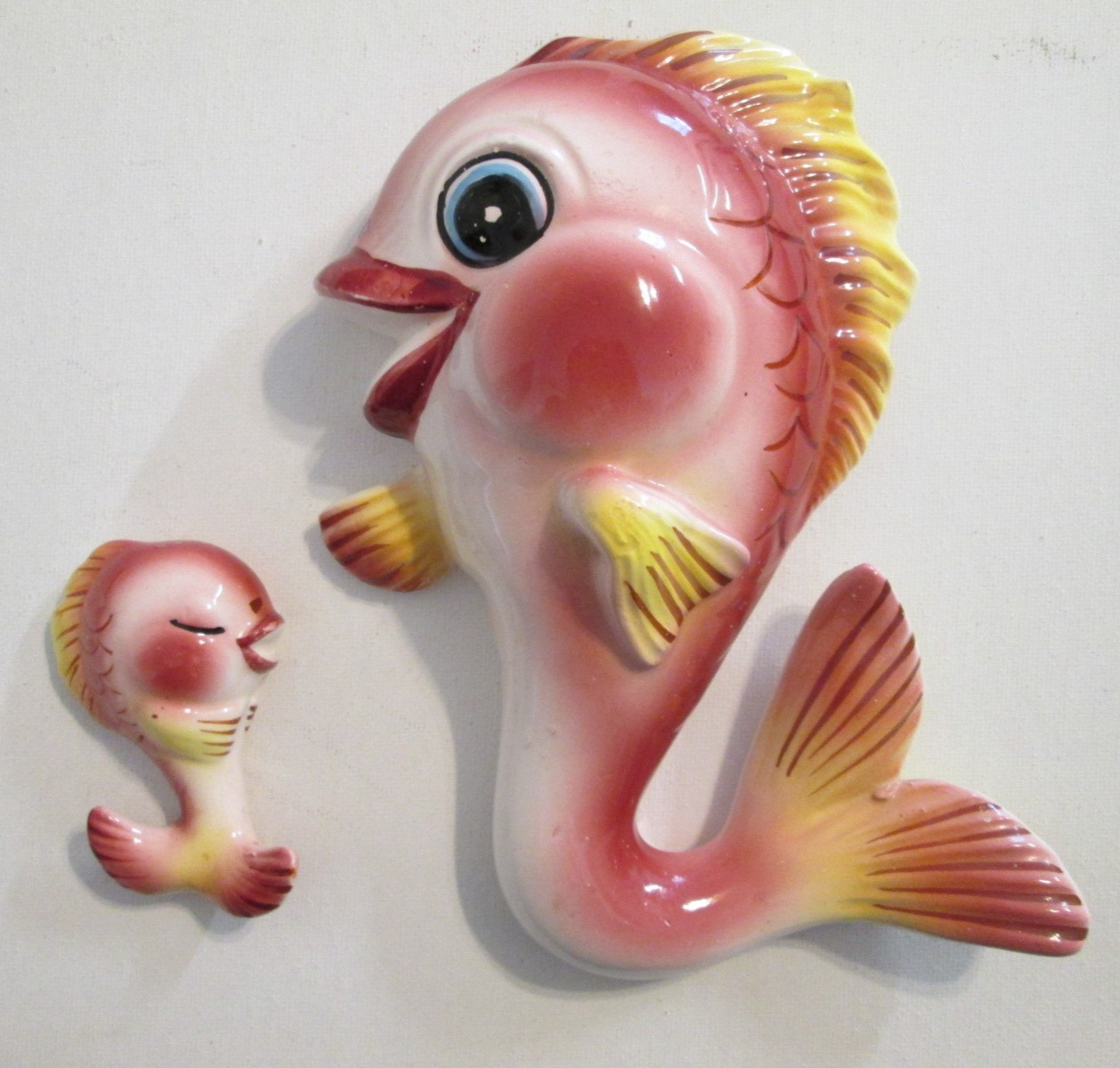Vintage MCM Lefton Anthropomorphic Pink Fish Ceramic Wall Plaques Vintage MCM Lefton Anthropomorphic Pink Fish Ceramic Wall Plaques