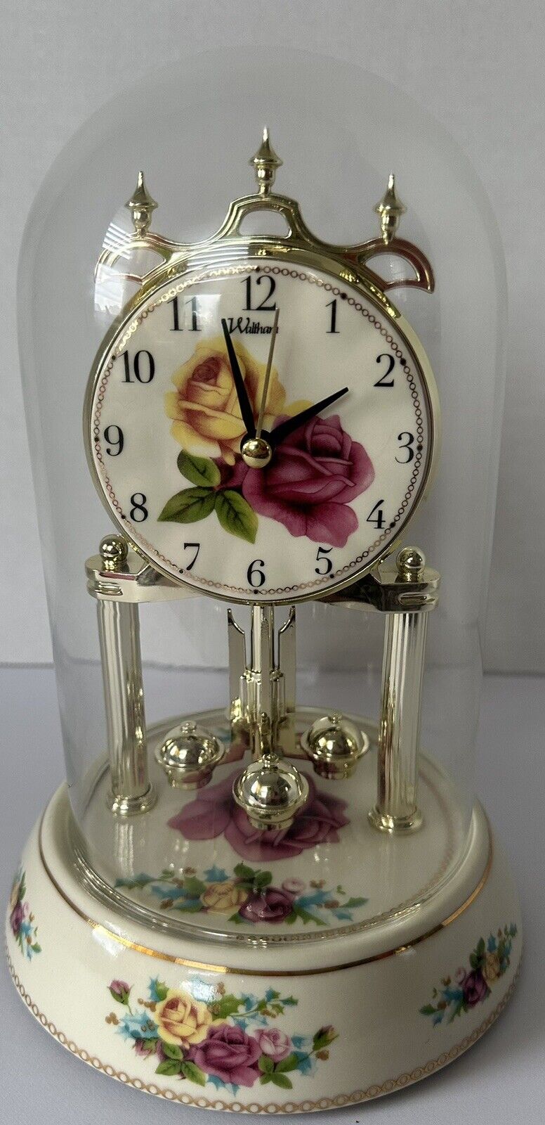Waltham Roses Westminster Chime Anniversary Clock Porcelain Base Glass Dome