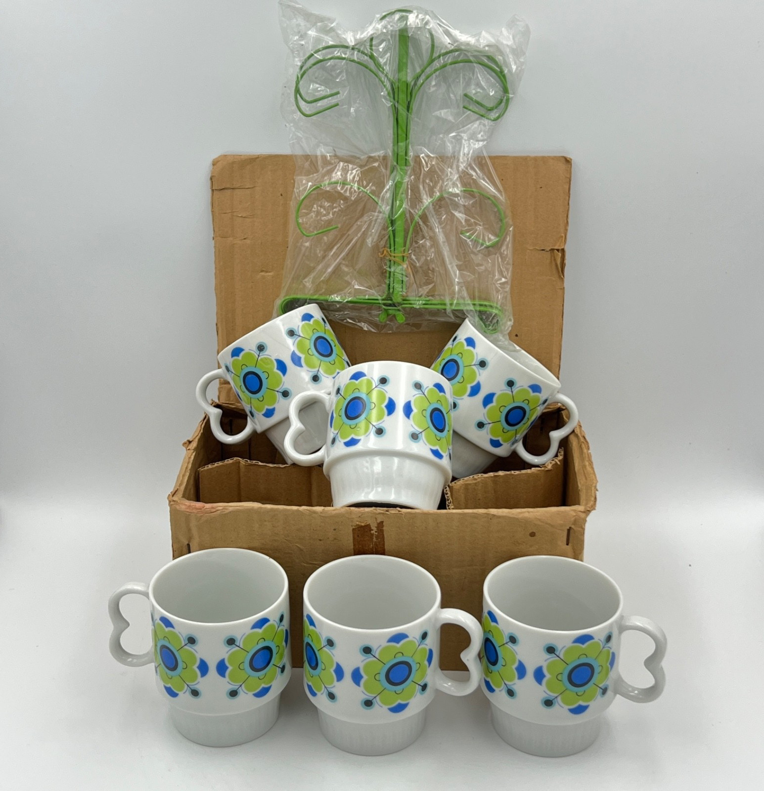 New OS Vintage Retro 70's Set of 6 Stackable Coffee Tea Mugs & Tree Blue Green