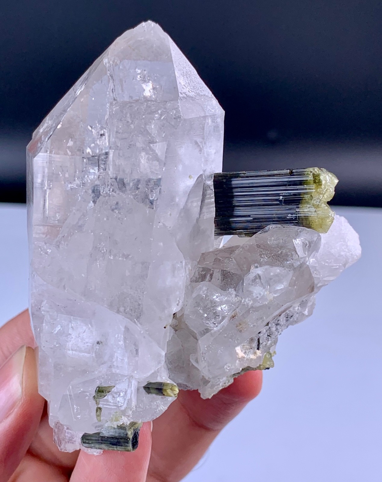 187 Gram Beautiful Quartz With Green Cap Tourmaline From Skardu Pakistan.