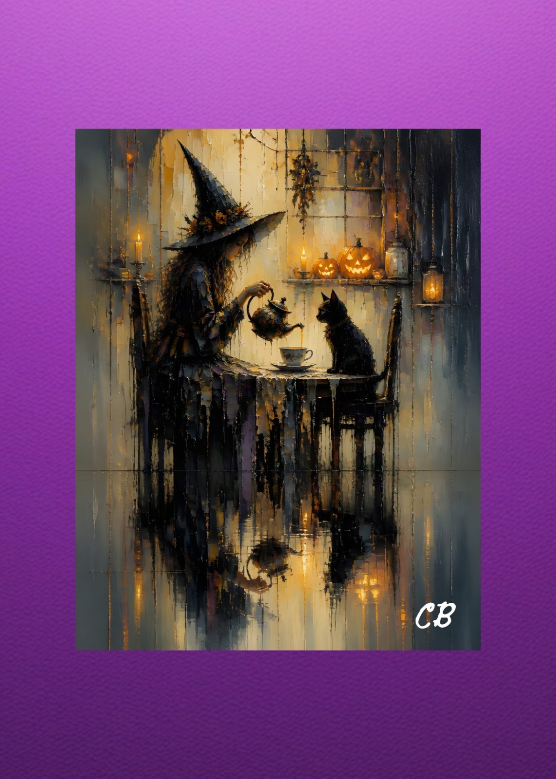 Witch Pours Tea for Cat ACEO Giclee | Halloween Hollow Folk Art | Cozy Witch Pours Tea for Cat ACEO Giclee | Halloween Hollow Folk Art | Cozy